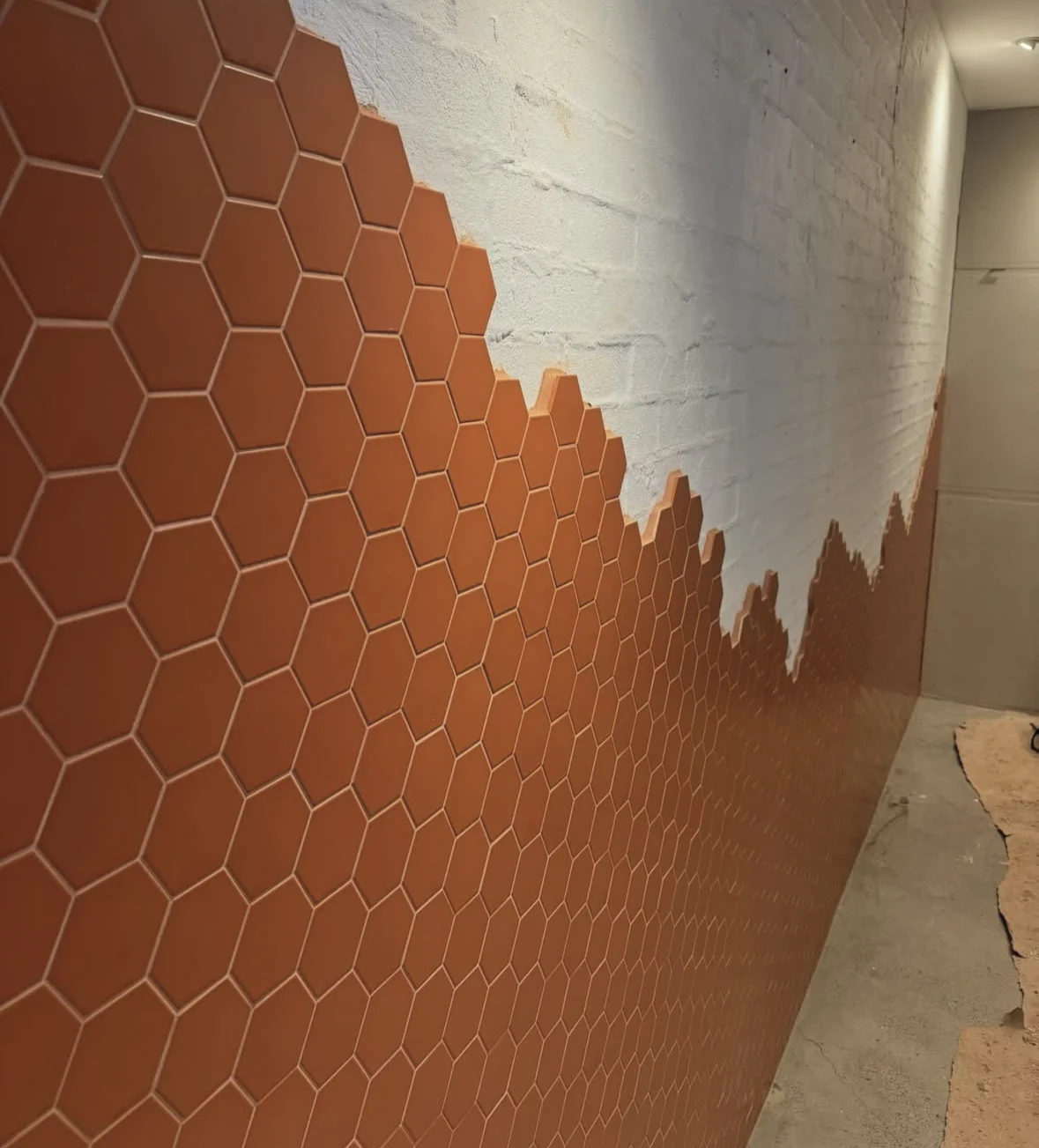 Terracotta hexagon tiles on a restaurant wall, meeting an irregular raw plaster boundary